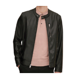 Men Black Collar Strap Zipper Genuine Sheepskin Leather Jacket