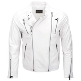 Men White Zipper Pockets and Sleeves Genuine Sheepskin Leather Jacket