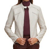 Stylish Cream Color Zipper Cuff and Pockets Sheepskin Leather Jacket Women