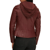 Women Red Stylish Hooded and Quilted Green Sheepskin Leather Jacket