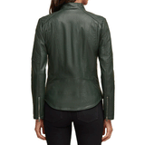 Slim and Smart Quilted Green Color Zipper Pocket Sheepskin Leather Jacket Women