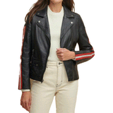 Black Sheepskin Leather Jacket with Red and White for Women
