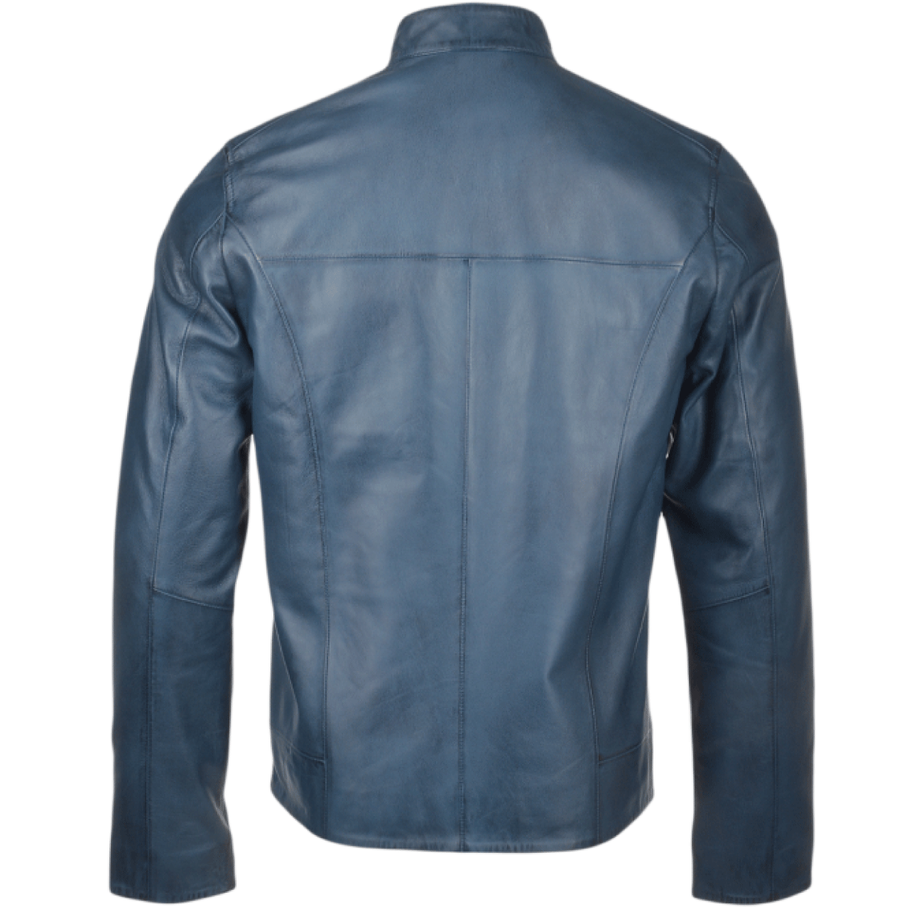 Men Blue Stand Collar Genuine Sheepskin Leather Motorcycle Jacket