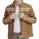 Stylish Camel Brown with Brown Stripes Genuine Lambskin Leather Men Jacket