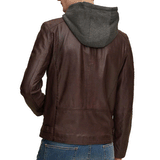 Men Brown Bomber Hooded Genuine Sheepskin Leather Jacket