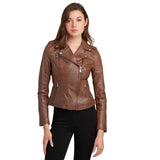 Casual Brown Biker Sheepskin Leather Jacket Women