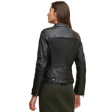Stylish Black Buckle Strap Biker Sheepskin Leather Jacket Women