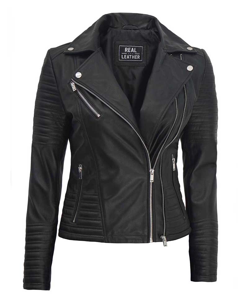 Black Asymmetrical Biker Leather Jacket Women