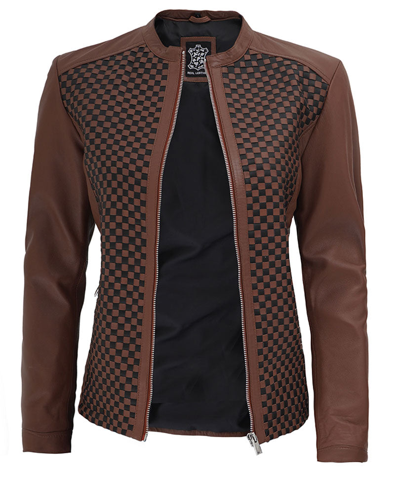 Brown Textured Leather Jacket  Womens Slim Fit Jacket