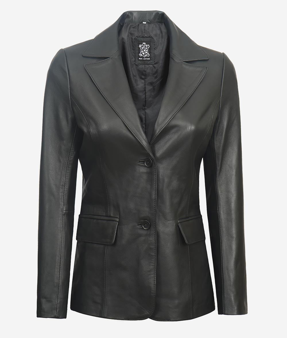 ladies leather dress coats Two-Toned Black Leather Dress Coat