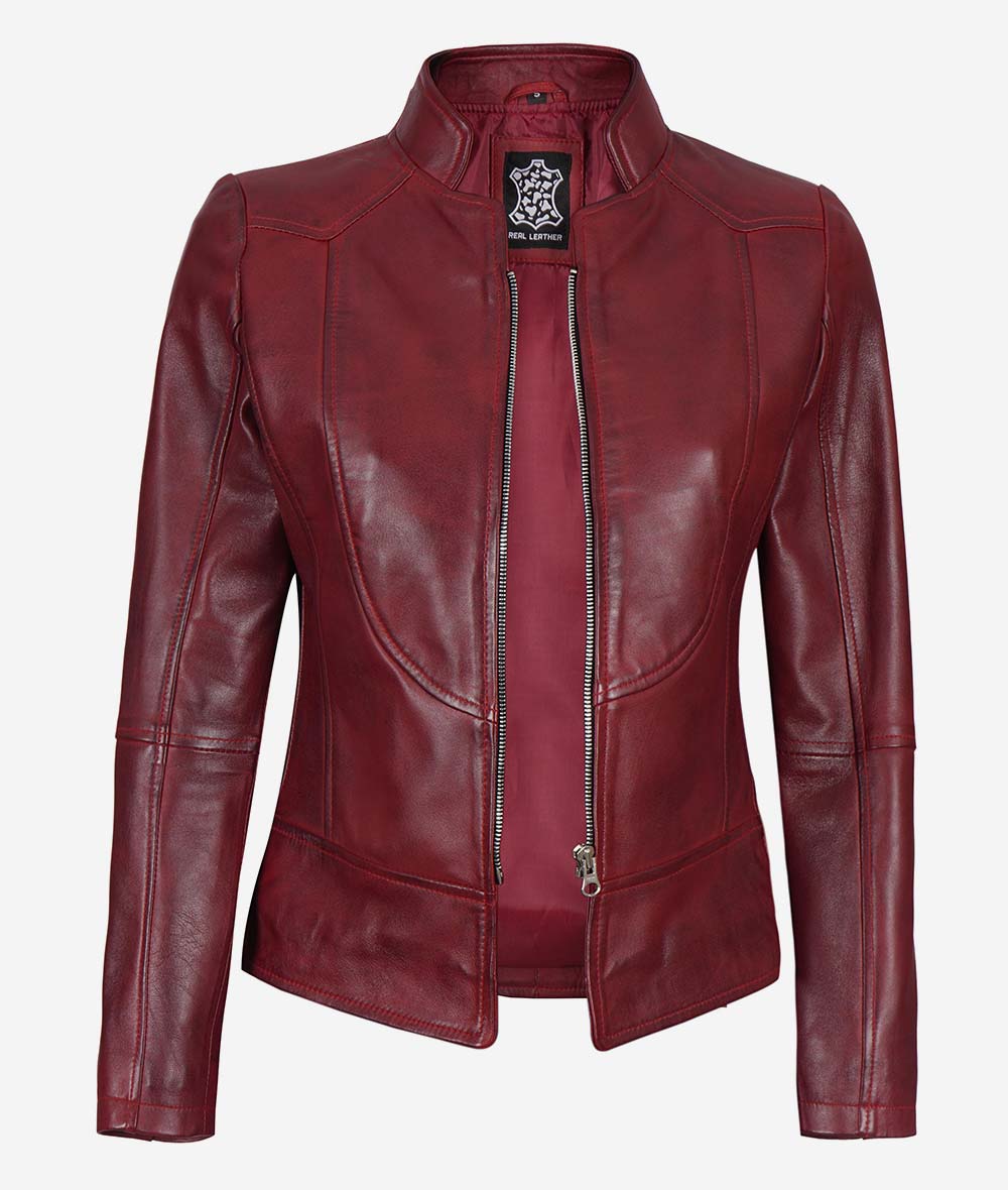 Womens Biker Maroon Leather Jacket