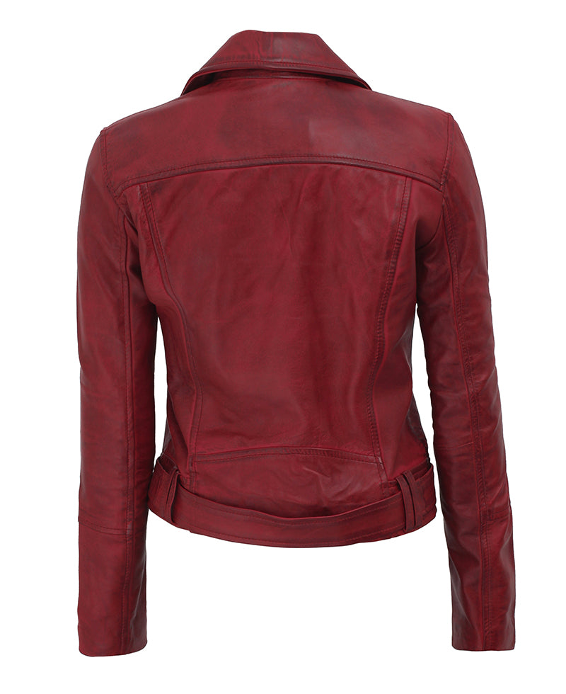 Womens Maroon Leather Motorcycle Jacket