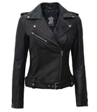 Asymmetrical Leather Biker Jacket Womens  Black Leather