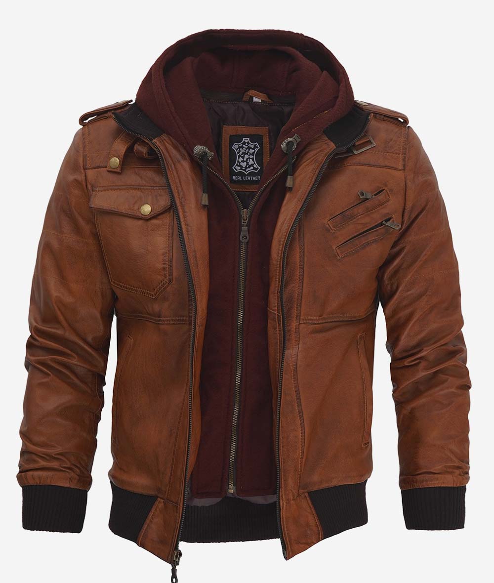 Mens Brown Tall Leather Bomber Jacket With Removable Hood