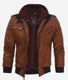 Edinburgh Mens Brown Leather Bomber Jacket With Removable Hood