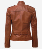 Brown Asymmetrical Fitted Leather Jacket  For Womens