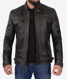 Claude Mens Biker Brown Quilted Distressed Leather Jacket