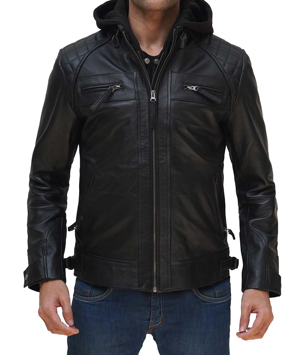 Johnson Mens Black Leather Jacket With Removable Hood