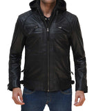 Johnson Mens Black Leather Jacket With Removable Hood