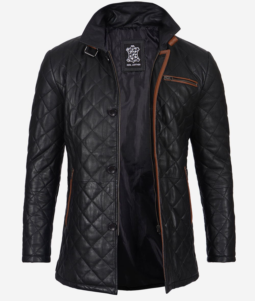 Black Diamond Quilted Leather Car Coat With Brown Detailing