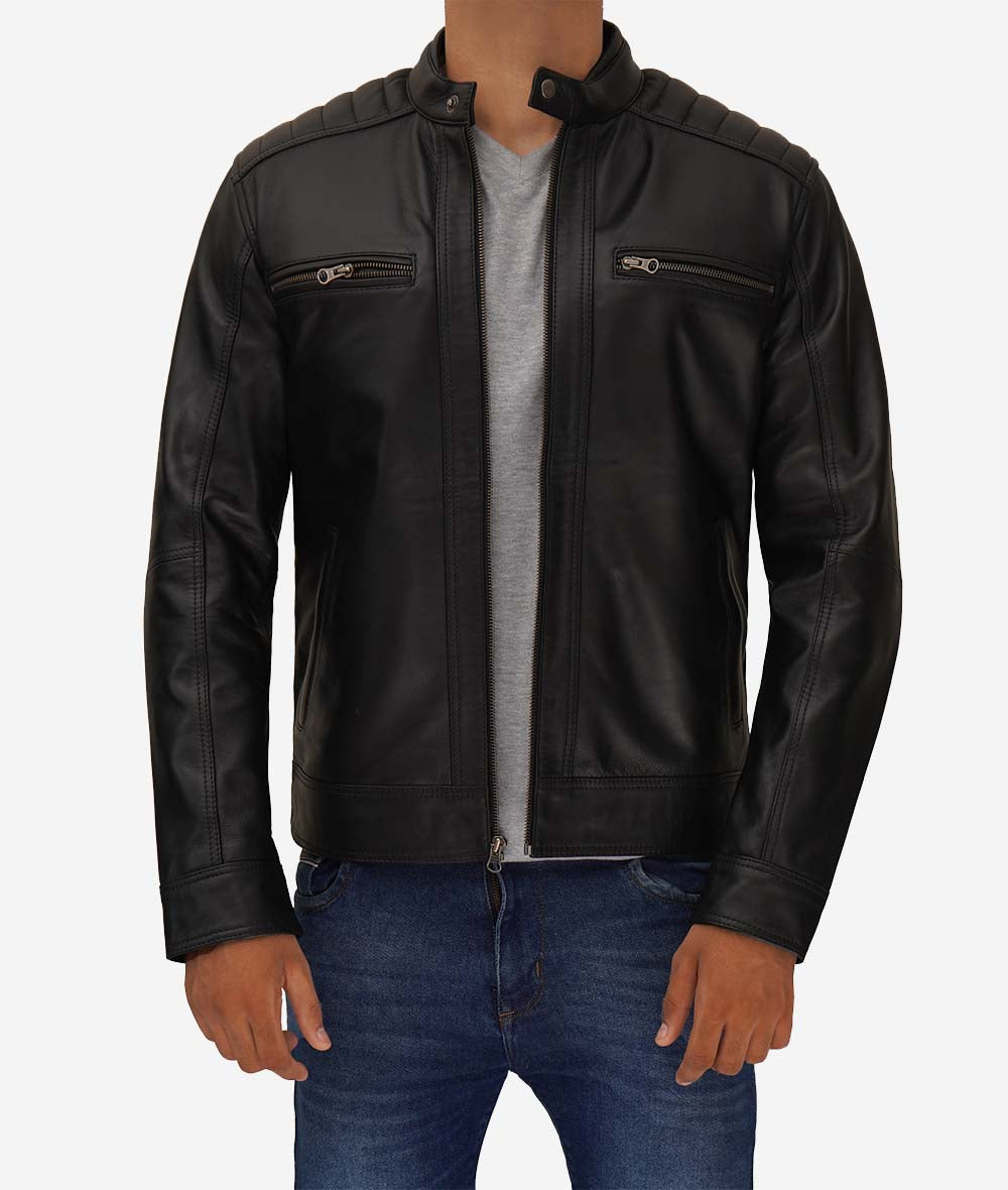 Men's Black 100% Genuine Lambskin Leather Biker Jacket 
