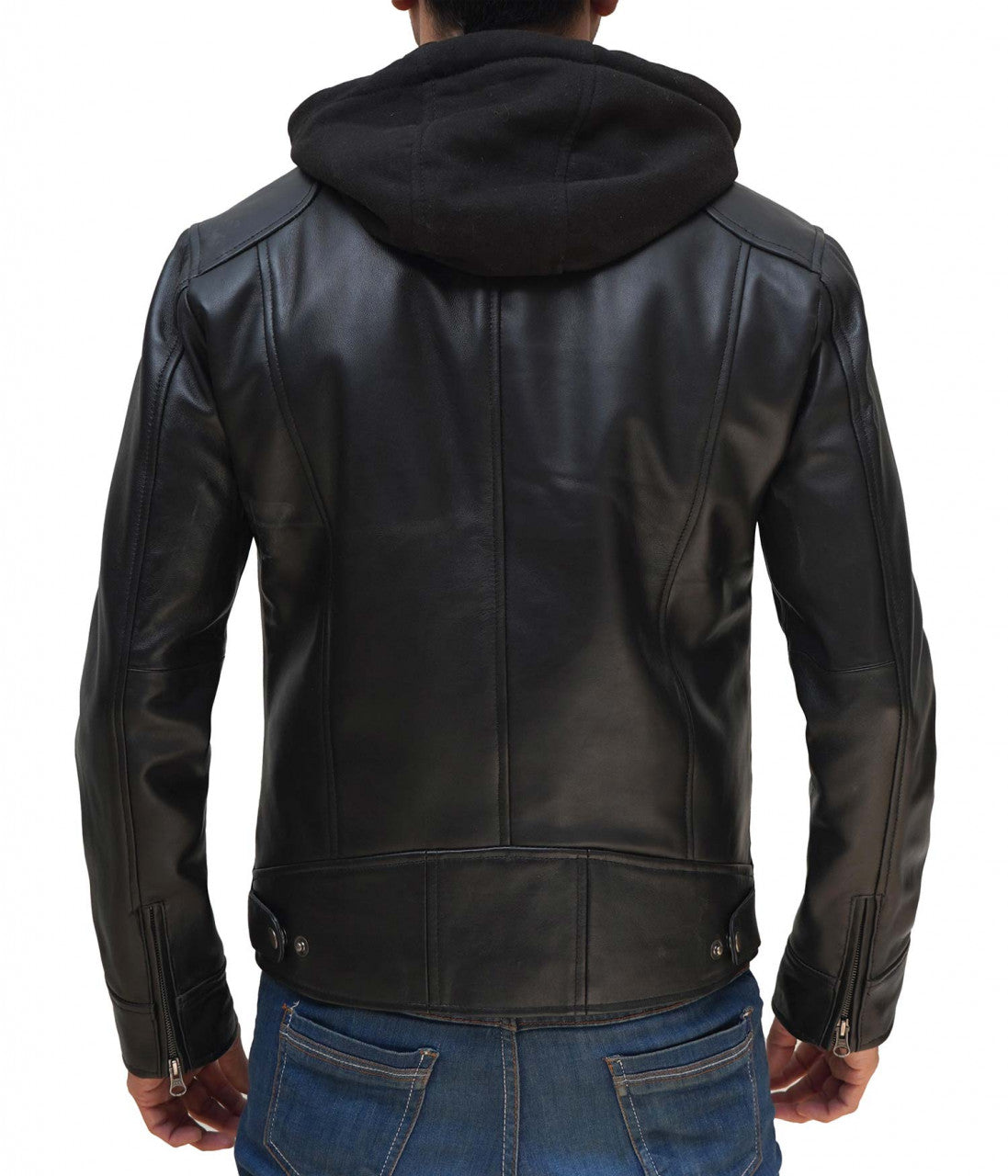 Dodge Mens Black Cafe Racer Leather Jacket With Removable Hood