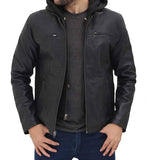 Jonathan Black Leather Jacket with Removable Hood Mens