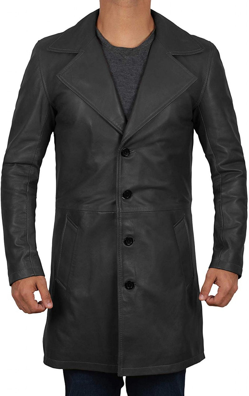 Mens 3  4 Length Black Wide Collar Leather Coat