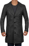 Mens 3  4 Length Black Wide Collar Leather Coat