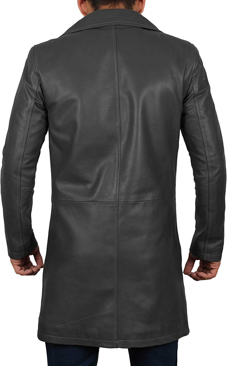Mens 3  4 Length Black Wide Collar Leather Coat