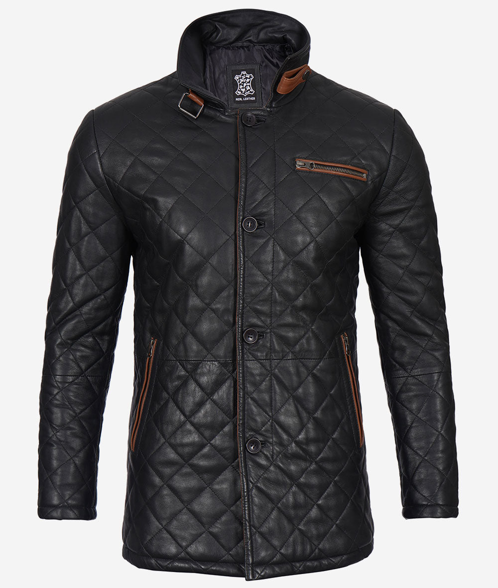 Black Diamond Quilted Leather Car Coat With Brown Detailing