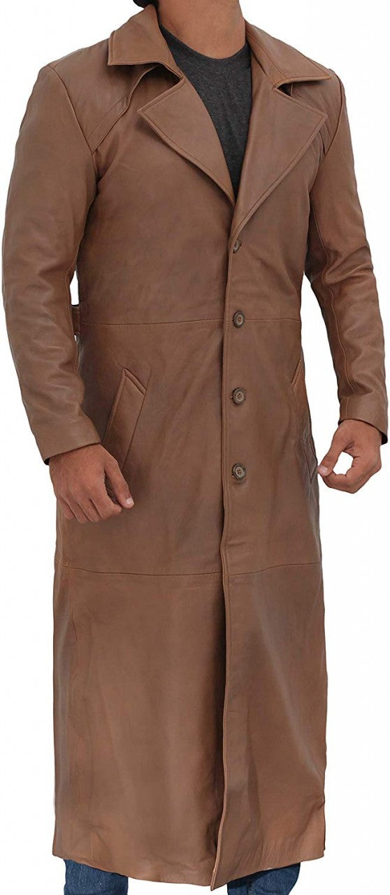 Mens Brown Full Real Leather Trench Over Coat