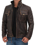 Mens Dark Brown Distressed Six Pocket Vintage Leather Jacket
