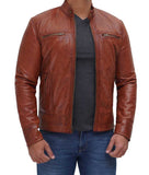 Mens Tan Leather Cafe Racer Jacket