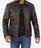 Mens Dark Brown Shirt Collar Cowhide Leather Jacket