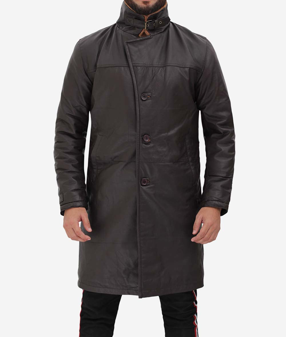 Dark Brown Leather Winter 3  4 Length Shearling Coat Mens
