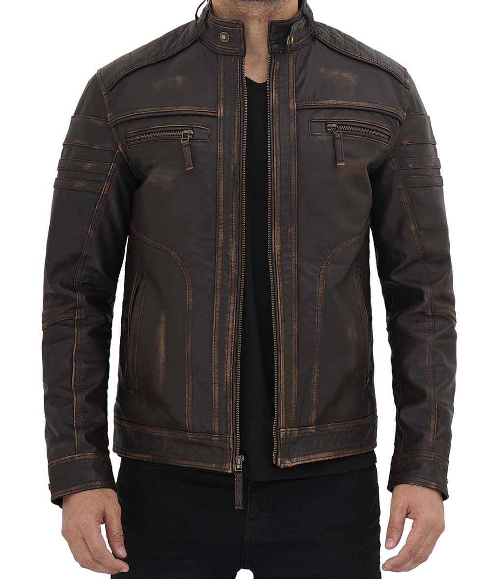 Mens Brown Four Pocket Distressed leather jacket