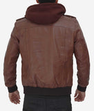 Edinburgh Mens Dark Brown Leather Bomber Jacket With Removable Hood