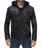 Dodge Mens Black Cafe Racer Leather Jacket With Removable Hood