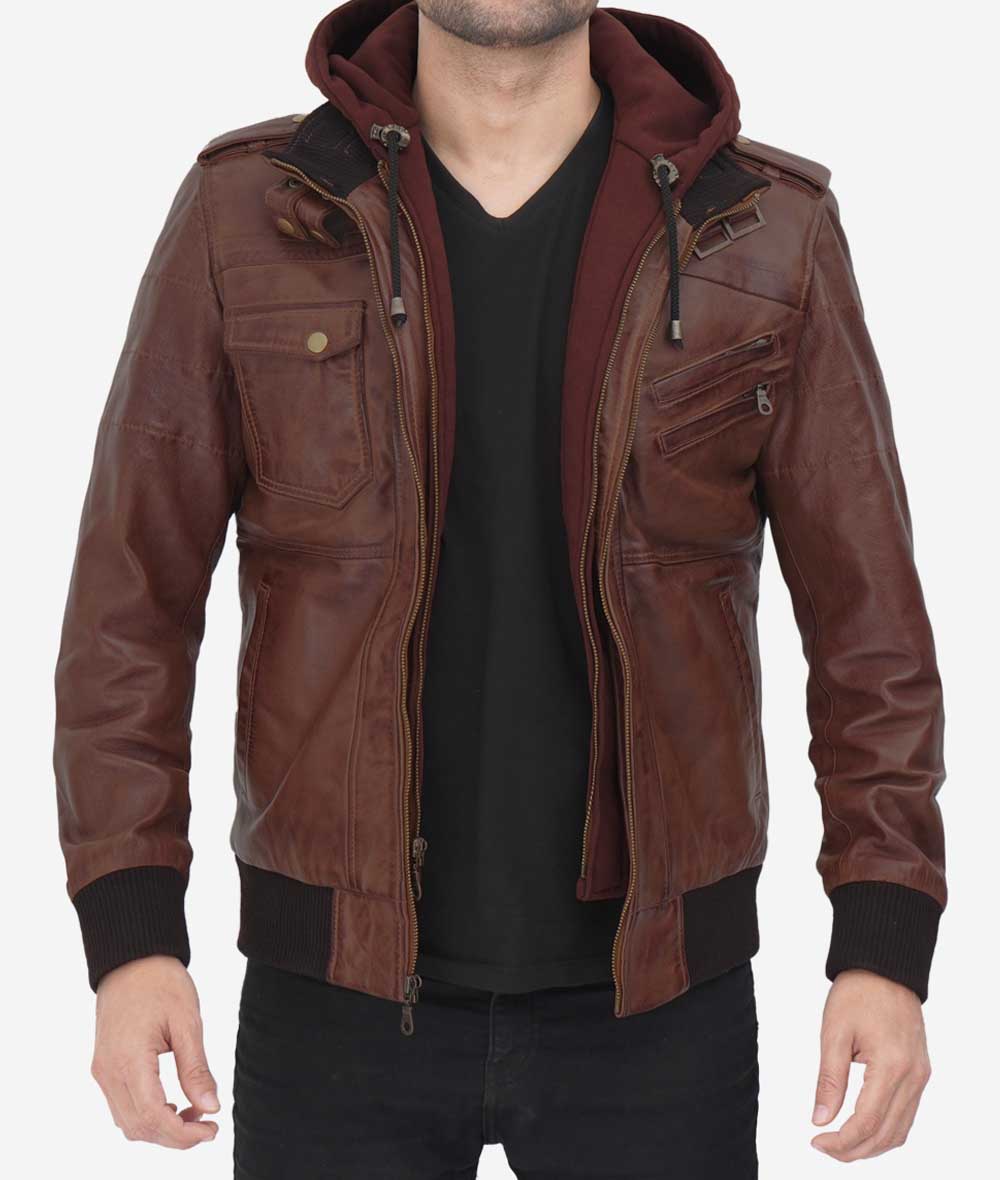 Edinburgh Mens Dark Brown Leather Bomber Jacket With Removable Hood