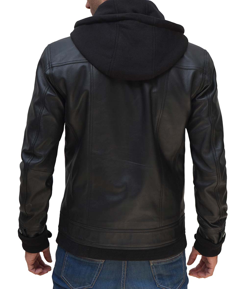Mens Black Leather Bomber Jacket With Removable Hood