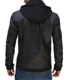 Mens Black Leather Bomber Jacket With Removable Hood