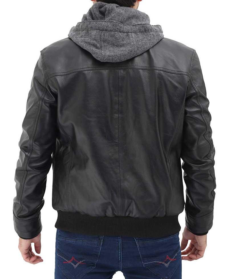 Mens Black Leather Bomber Jacket with Removable Hood