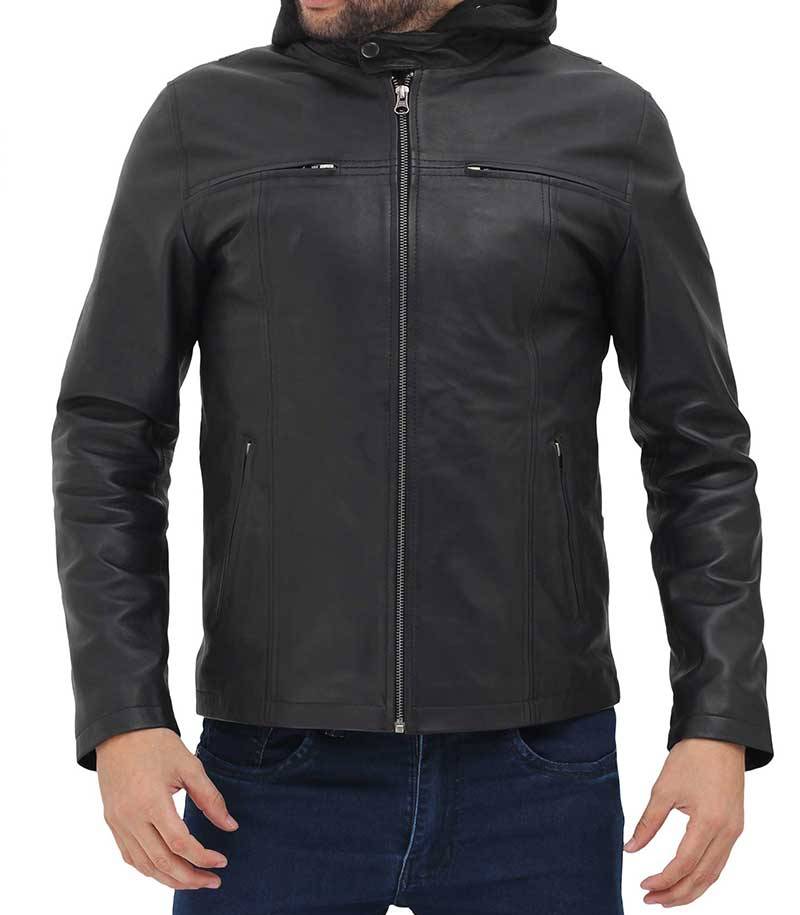 Jonathan Black Leather Jacket with Removable Hood Mens