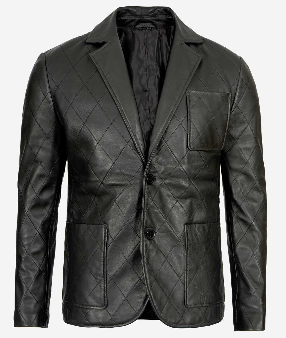 Elton Mens Diamond Stitched Black Leather Sports Coat