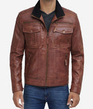 Moffit Tan Six Pocket Tan Leather Jacket Men