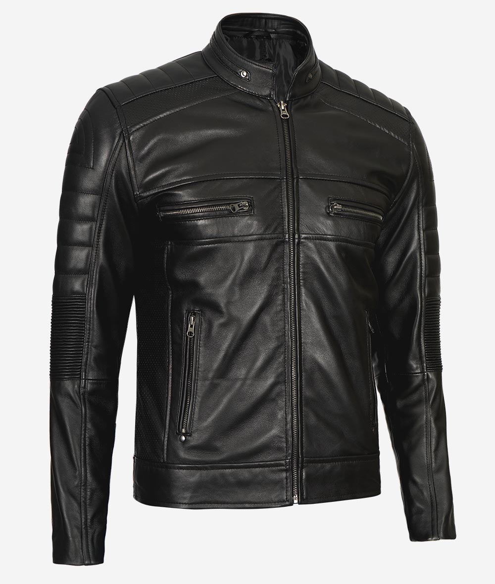 Austin Mens Lambskin Black Cafe Racer Leather Jacket