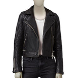 BIKER LEATHER JACKET WITH SQUARE PATTERN ON SHOULDER FOR WOMEN - Leather Jacket