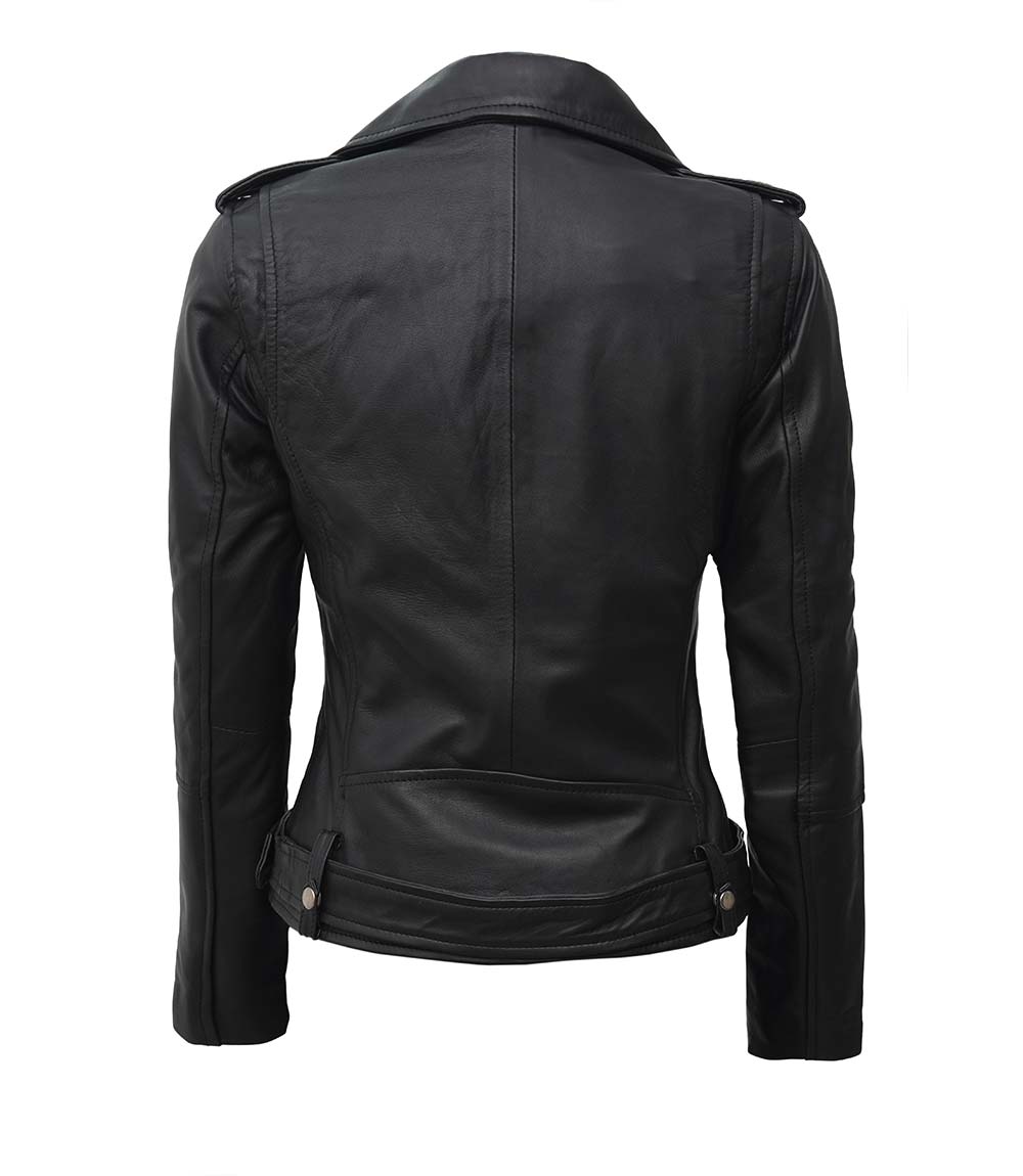 Asymmetrical Leather Biker Jacket Womens  Black Leather