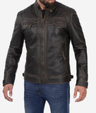 Brown Quilted Distressed Leather  Motorcycle Jacket